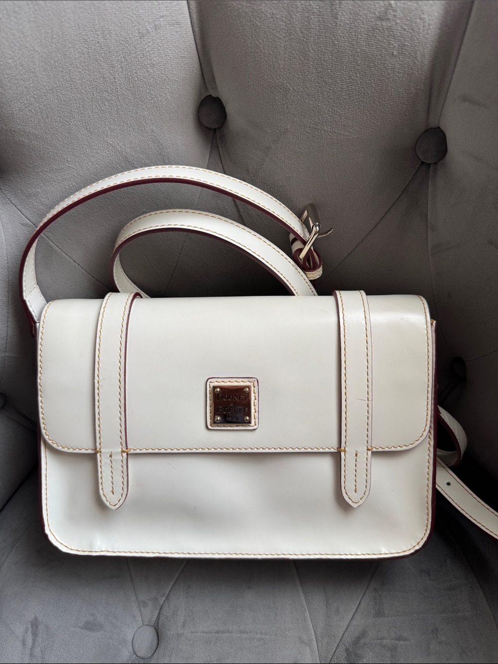 Dooney & Bourke Light Ivory Leather Crossbody Bag with Brown Edge Trim